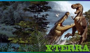 A Tyrannosaurus dinosaur fighting a Purussaurus on in a grey jungle lake