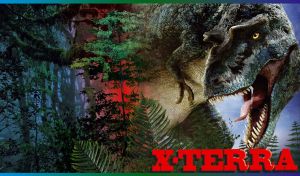 Tyrannosaurus dinosaur on the hunt in a mist-covered navy-blue jungle