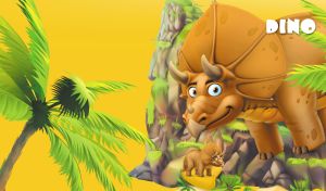 3D cartoon ocher triceratops among palm trees and rocks on a yellow backdrop