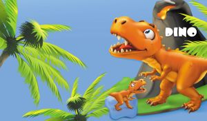 3D cartoon orange tyrannosaurus among palm trees and volcano on a navy backdrop
