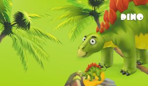 3D cartoon green stegosaurus among palm trees and rocks on yellow-green backdrop
