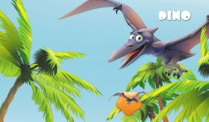 3D cartoon grey pterodactyl among palm trees on light blue backdrop