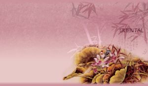 Beautiful pink oriental greenery with a flower and a bird