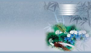 Beautiful blue oriental greenery with a flower and a wild bird