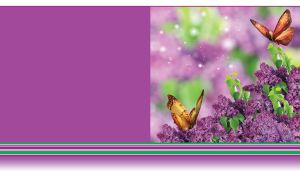 Purple lilac bush with orange butterflies on a violet background