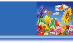 Flower show and butterflies under the blue sky on a blue background