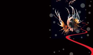 A red lionfish with white stripes swims in the waters of the abstract sea