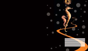 A seahorse carries a baby seahorse on its back in the waters of the abstract sea