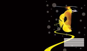 A yellow butterfly-fish with a black spot, swims in the waters of the abstract sea