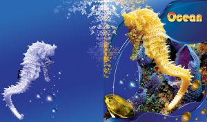 Seahorse and yellow diamond on a blue background