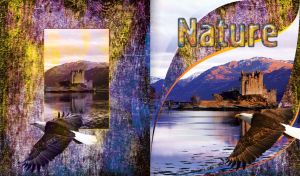 Nature purple landscape with an eagle flying and castle behind