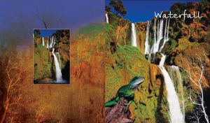 Green lizard sitting on a rock by beautiful waterfall