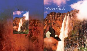 Big eagle flying by beautiful waterfall