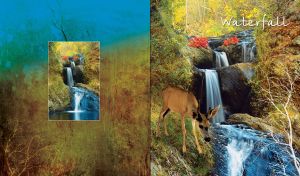 Young fawn drinking water by beautiful waterfall