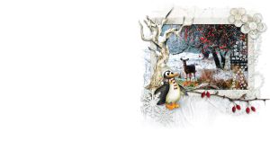 Deer under a red apple tree in snow in frame of penguin, flowers and snowflakes