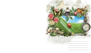 Ladybug on grass in a frame with a robin, butterfly, roses and pocket watch