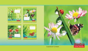 Ladybug and black butterfly in dewy greens and pink flowers on a green gradient