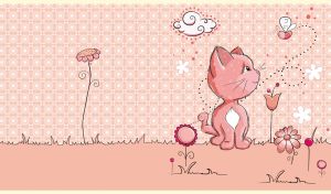 Illustration of a kitten and a bee among flowers on pastel pink
