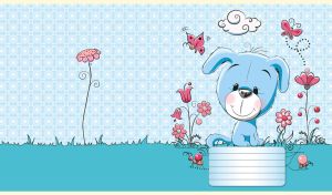 Illustration of a puppy and butterflies among flowers on pastel blue