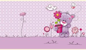 Illustration of a teddy bear with a flower pot among flowers on pastel purple