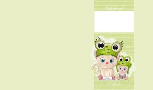 Little kittens in frog hats read a book against a pastel green background