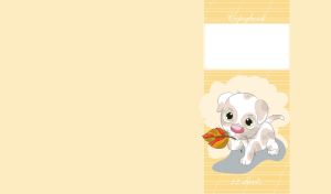 Little puppy with an autumn leaf against a pastel yellow background