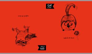 Funny cat and a proud owl sketches on a red background