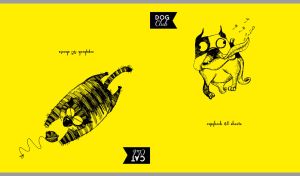 Hilarious dog and a playful cat sketches on a yellow background