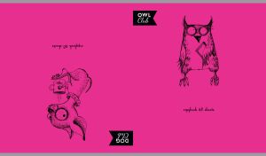 Wise owl and a terrified dog sketches on a fuchsia background