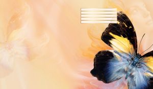 Yellow blue black butterfly and the face of a beauty on a pastel yellow background