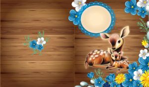 Mother-deer with a cub in the flowers against the brown wooden batten wall