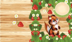 Little red squirrel in a strawberry bush with flowers on lite brown batten wall