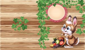 Bunny is siting with a basket of fruits and a vine with leaves on batten wall
