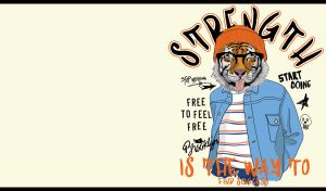 Street art poster with Hipster Tiger in a blue shirt on pastel yellow backdrop