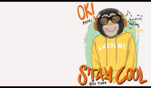 Street art with Monkey Music Lover in a yellow hoodie on a pastel white backdrop