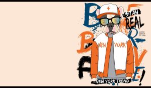 Street art with New York Trend Real Dog in a cap on a pastel beige backdrop