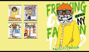 Street art with Freaking Cool Tiger in an orange hat on a light yellow backdrop