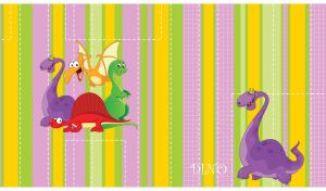 Cartoon funny purple brontosaurus on green, yellow and violet striped backdrop