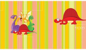 Cartoon funny red spinosaurus on light green, yellow and pastel orange stripes