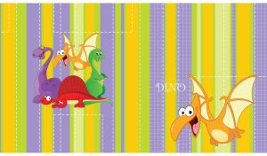 Cartoon funny orange pterodactyl on light green, yellow and purple stripes