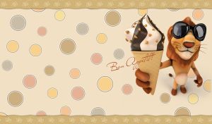 A cool 3D lion offers vanilla-chocolate ice cream on a beige backdrop