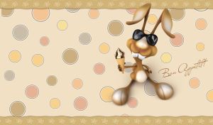 A cool 3D rabbit holds vanilla-chocolate ice cream on a beige backdrop