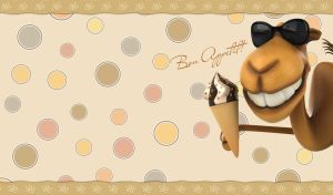 A cool 3D camel holds vanilla-chocolate ice cream on a beige backdrop