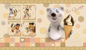 A cool 3D polar bear offers vanilla-chocolate ice cream on a beige backdrop
