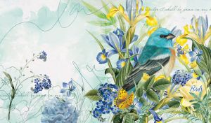 Watercolor of a lazuli bunting surrounded by elegant flowers on pastel teal