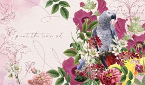 Watercolor of a grey parrot surrounded by elegant flowers on pastel purple