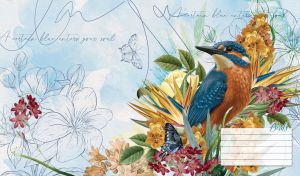 Watercolor of a kingfisher surrounded by elegant flowers on light blue
