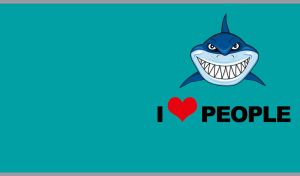 Cartoon blue shark with a funny sarcastic message on a teal backdrop