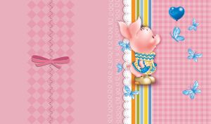 Small pink piglet in a sweater watches the blue balloon