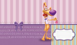 Funny-looking, skinny doggie in a shirt, holds a small pink present